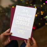 Personalised Christmas Card Foiled, Festive Cuddle Christmas Card