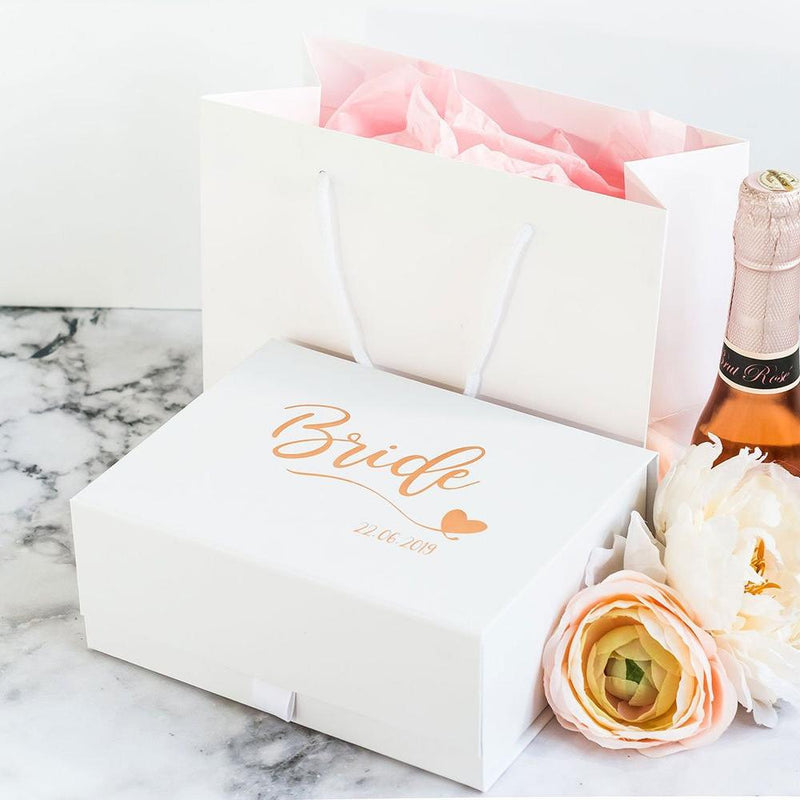 White Custom Bride Gift Box Personalised with Wedding Date - Pink Positive