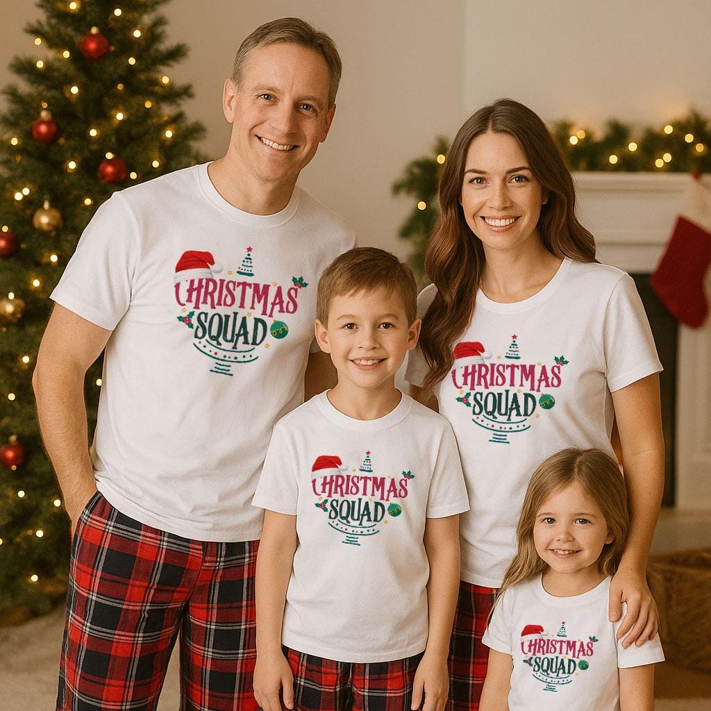 A family of four, consisting of a father, mother, and two children, are posing for a Christmas-themed photo. They are all wearing matching white t-shirts with the text "Christmas Squad" printed on them. The family is standing in front of a Christmas tree, which is decorated with ornaments and lights.