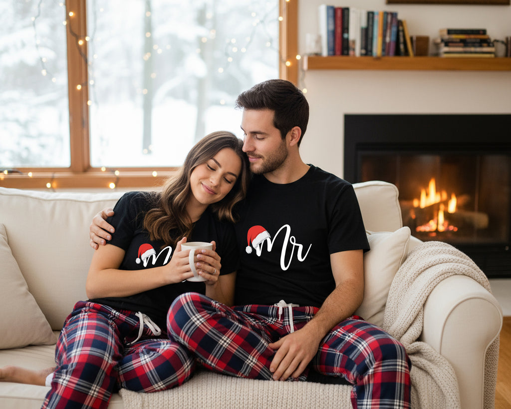A couple wearing matching pajamas sits together on a couch, with a fireplace visible in the background.