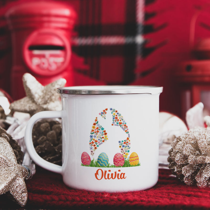 a white coffee mug with an easter bunny on it