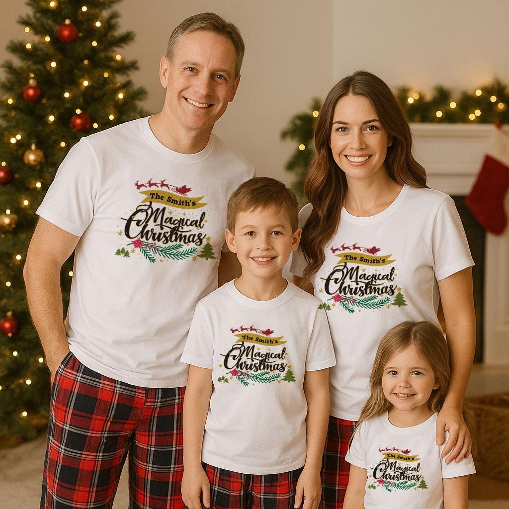 A family of four, consisting of a father, mother, and two children, posing for a Christmas photo. They are all wearing matching white t-shirts with the text "The Smith's Magical Christmas" printed on them. The family is standing in front of a Christmas tree, which is decorated with ornaments and lights.