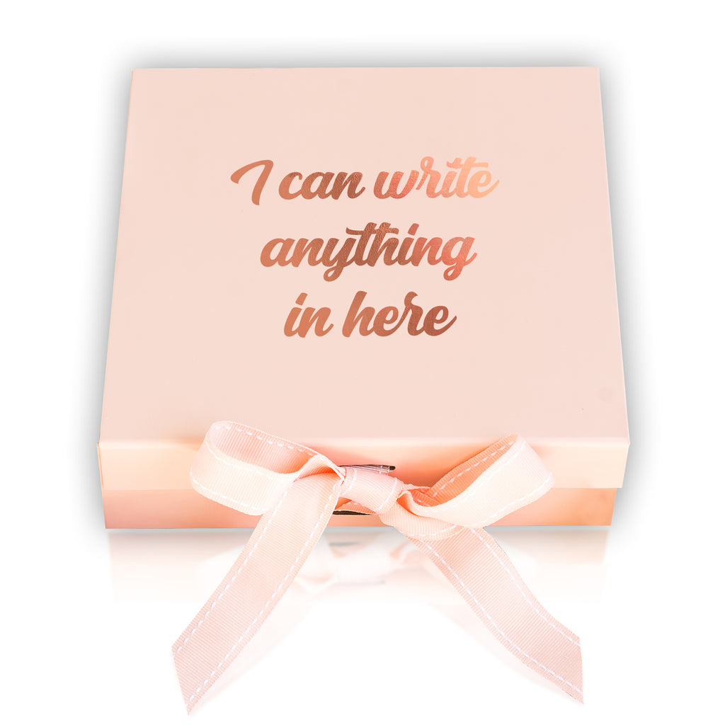 a pink box with a ribbon around it that says i can write anything in here