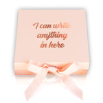 a pink box with a ribbon around it that says i can write anything in here