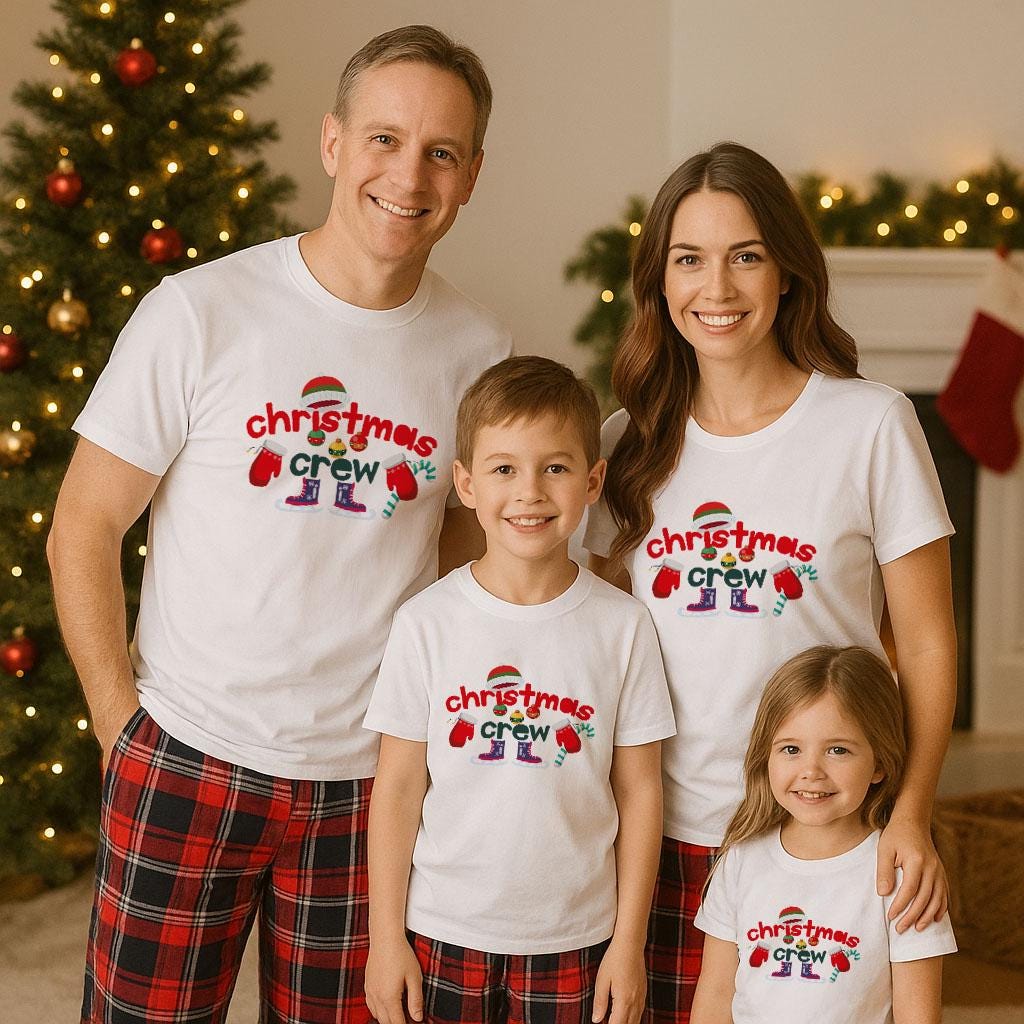 A family of four, consisting of a father, mother, and two children, are posing for a Christmas photo. They are all wearing matching white t-shirts with the text "Christmas Crew" printed on them. The family is standing in front of a Christmas tree, which is decorated with ornaments and lights.