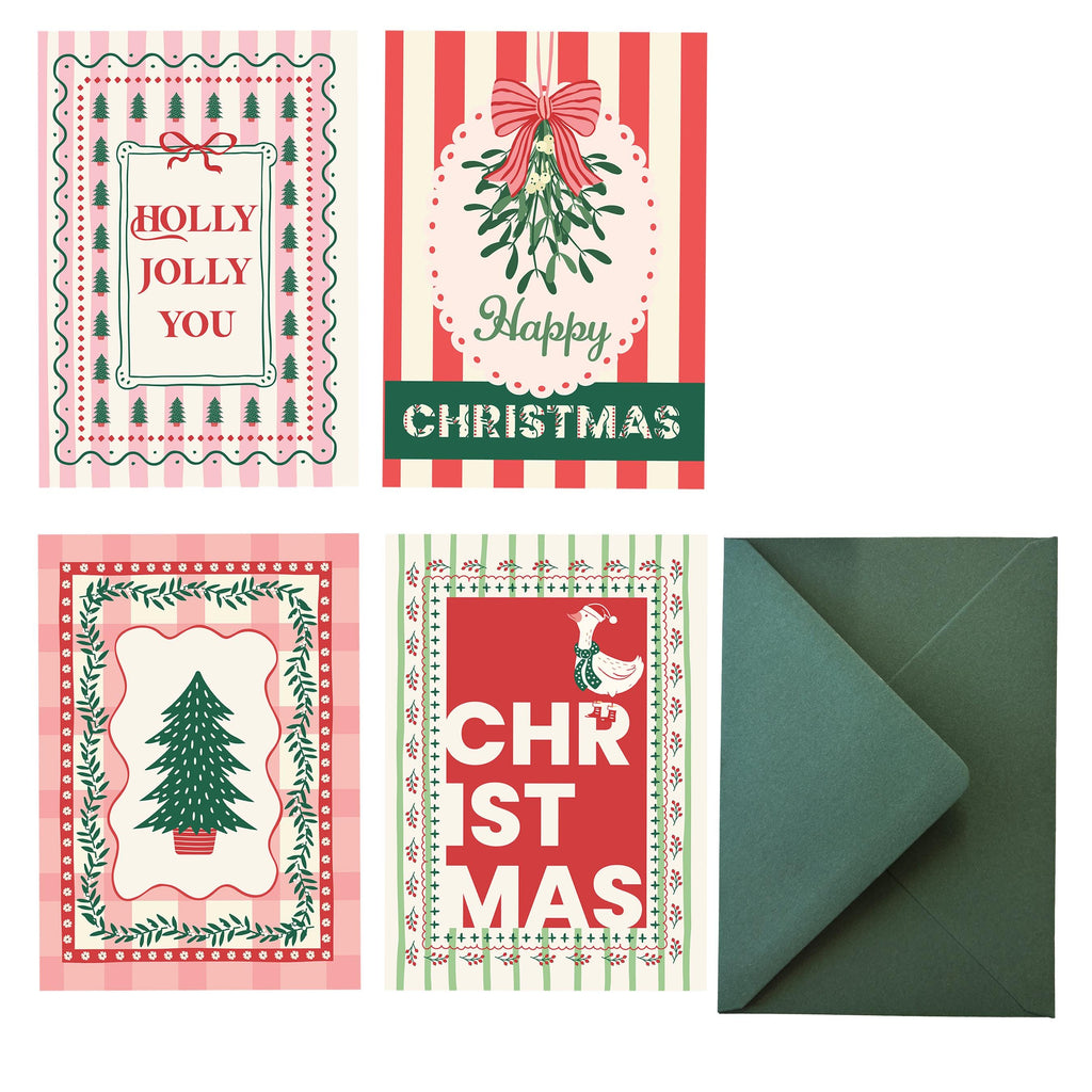 a collection of Christmas-themed greeting cards and an envelope, all featuring festive designs and holiday greetings.
