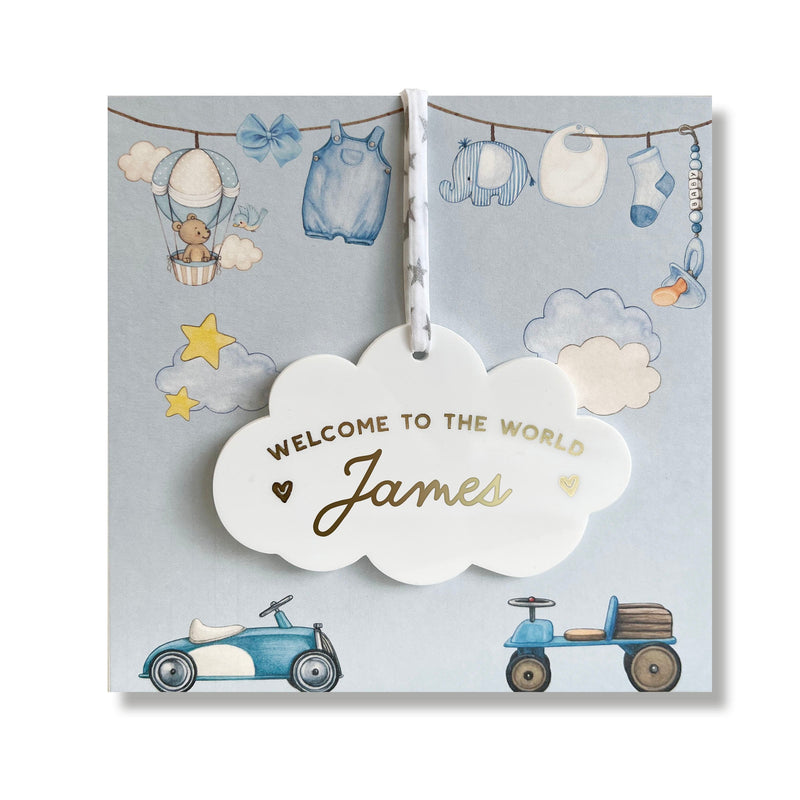 New Baby Boy Card With Personalised Cloud Keepsake, Liberty Ribbon  (Blue Card)