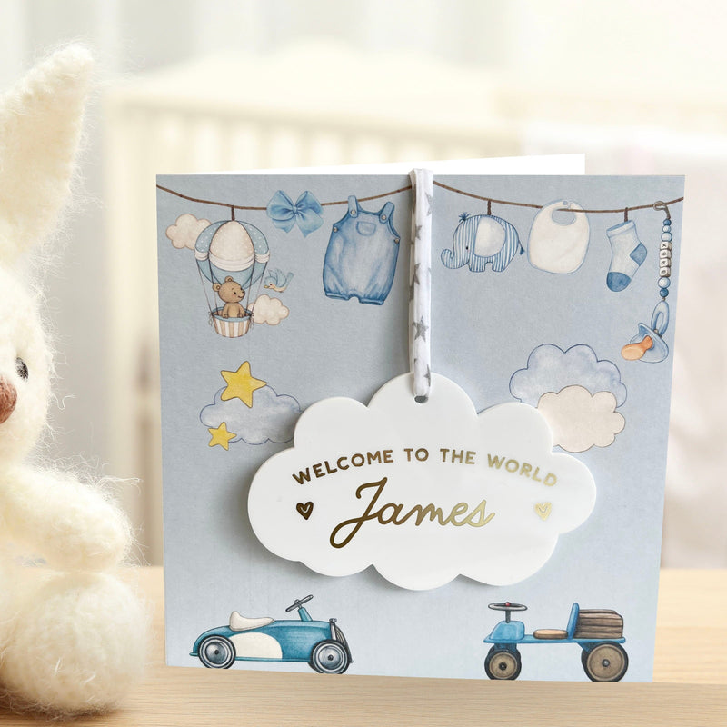 New Baby Boy Card With Personalised Cloud Keepsake, Liberty Ribbon  (Blue Card)