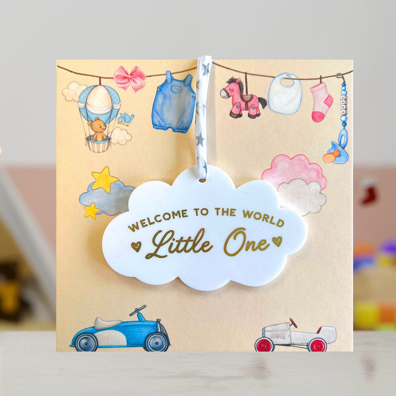 New Baby Girl or Baby Boy Card With Personalised Cloud Keepsake Gift, Liberty Ribbon (Yellow Card)