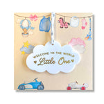 New Baby Girl or Baby Boy Card With Personalised Cloud Keepsake Gift, Liberty Ribbon (Yellow Card)