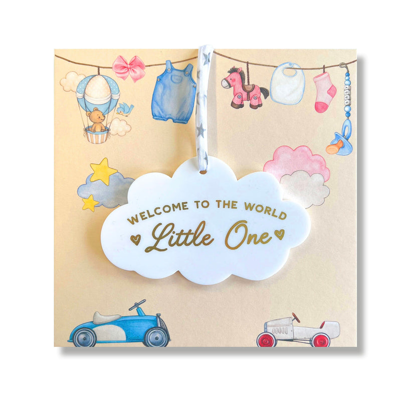 New Baby Girl or Baby Boy Card With Personalised Cloud Keepsake Gift, Liberty Ribbon (Yellow Card)