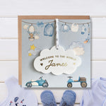 New Baby Boy Card With Personalised Cloud Keepsake, Liberty Ribbon  (Blue Card)