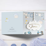 New Baby Boy Card With Personalised Cloud Keepsake, Liberty Ribbon  (Blue Card)