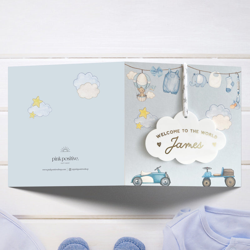 New Baby Boy Card With Personalised Cloud Keepsake, Liberty Ribbon  (Blue Card)