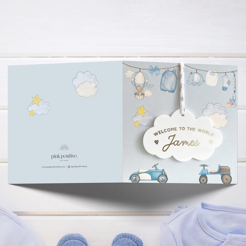 New Baby Boy Card With Personalised Cloud Keepsake, Liberty Ribbon  (Blue Card)
