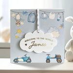 New Baby Boy Card With Personalised Cloud Keepsake, Liberty Ribbon  (Blue Card)