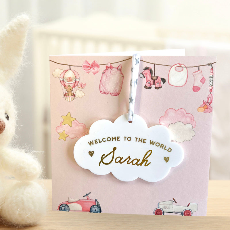 New Baby Girl Card With Personalised Cloud Keepsake Gift, Liberty Ribbon (Pink Card)