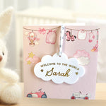 New Baby Girl Card With Personalised Cloud Keepsake Gift, Liberty Ribbon (Pink Card)