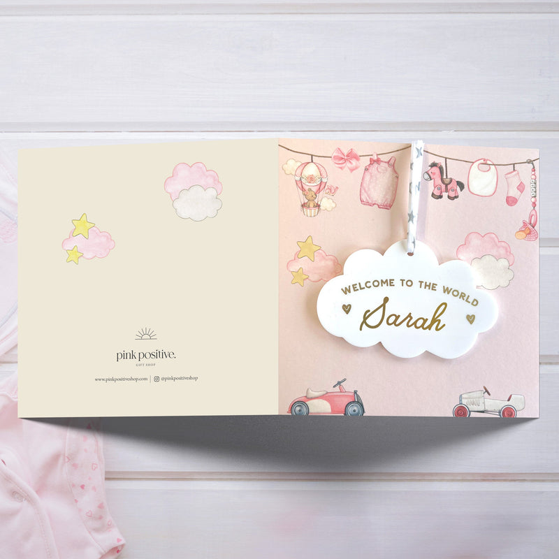 New Baby Girl Card With Personalised Cloud Keepsake Gift, Liberty Ribbon (Pink Card)