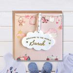 New Baby Girl Card With Personalised Cloud Keepsake Gift, Liberty Ribbon (Pink Card)
