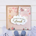 New Baby Girl Card With Personalised Cloud Keepsake Gift, Liberty Ribbon (Pink Card)