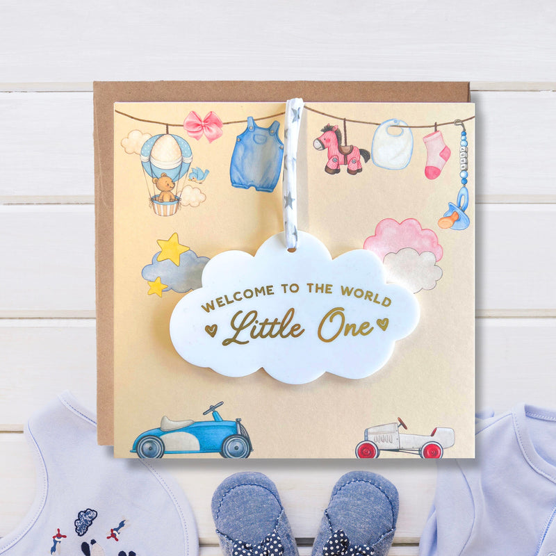 New Baby Girl or Baby Boy Card With Personalised Cloud Keepsake Gift, Liberty Ribbon (Yellow Card)