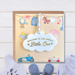 New Baby Girl or Baby Boy Card With Personalised Cloud Keepsake Gift, Liberty Ribbon (Yellow Card)