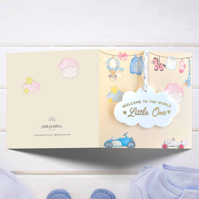 New Baby Girl or Baby Boy Card With Personalised Cloud Keepsake Gift, Liberty Ribbon (Yellow Card)