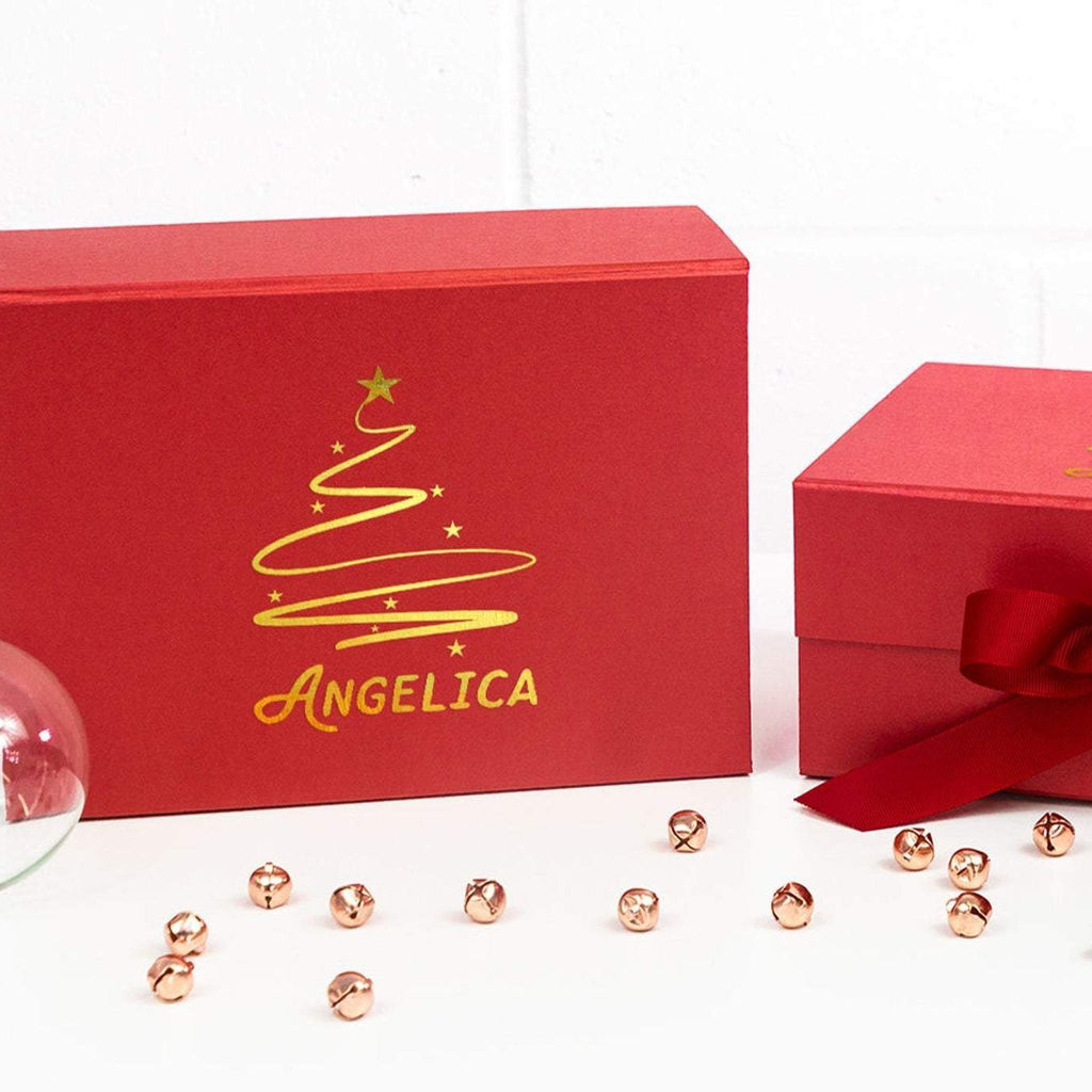 Personalised Red Christmas Box with Name and Tree - Pink Positive