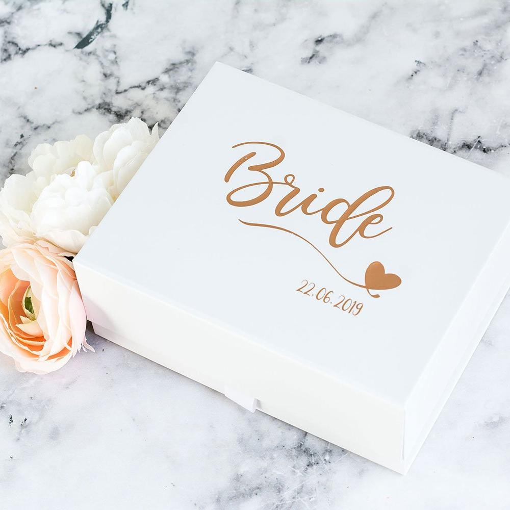 White Custom Bride Gift Box Personalised with Wedding Date – Pink