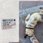 a dog laying on its back next to a sign