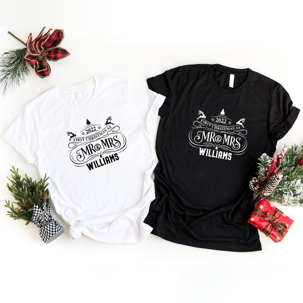 First Christmas as Mr and Mrs Christmas T-Shirt for Couples - Pink Positive