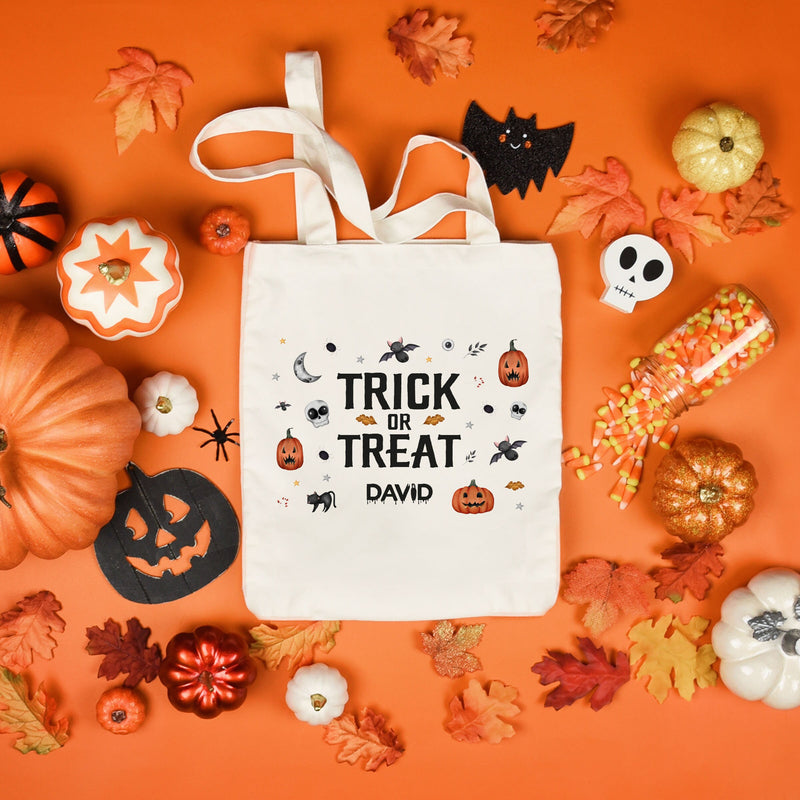 Personalised Trick or Treat tote bag for kids, pumpkins, zombies, spiders | Halloween bag