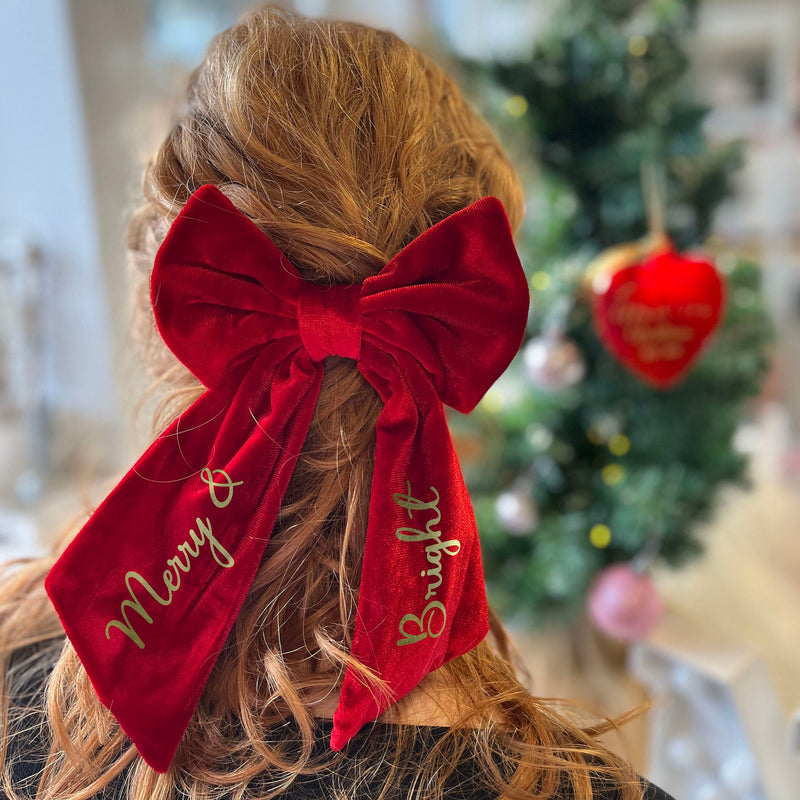 Velvet Christmas Hair Bow with Gold Text | Red Velvet Hair Bow Clip Accessory with Merry and Bright Gold Text