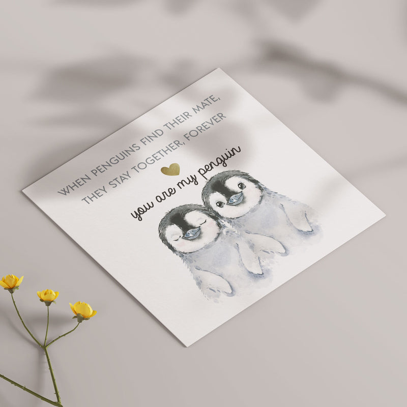 You're My Penguin Anniversary Card with Golden Heart, Greeting Card for Husband Wife Anniversary Card, Boyfriend Anniversary Card Love