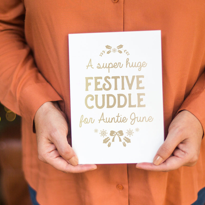 Personalised Christmas Card Foiled, Festive Cuddle Christmas Card