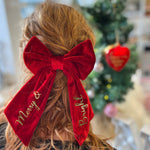 Velvet Christmas Hair Bow with Gold Text | Red Velvet Hair Bow Clip Accessory with Merry and Bright Gold Text