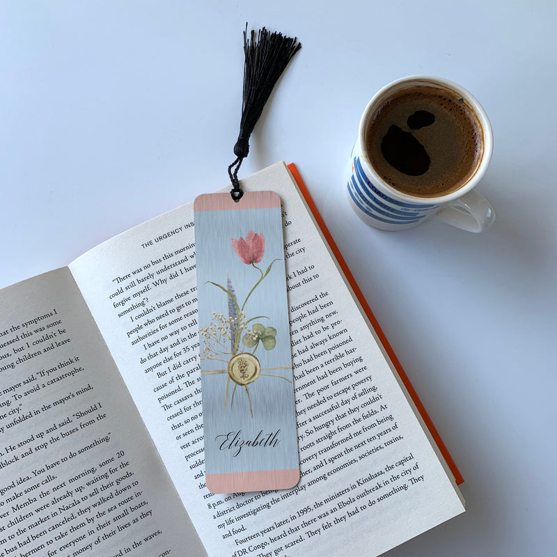 Bookmark with Floral Design and Name | Book lover gift for him or for her | Aluminium Book Page Holder