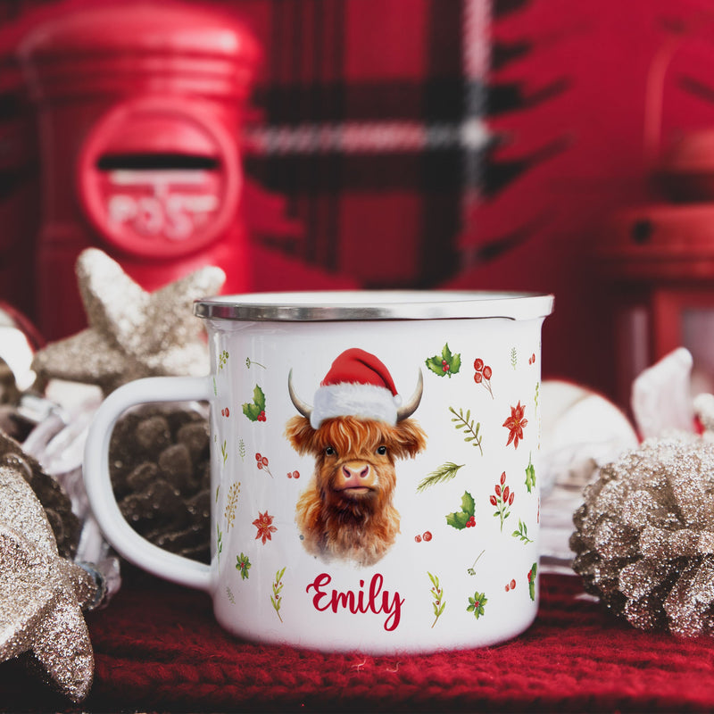 Personalised Highland Cow Christmas Mug Enamel: The Perfect Scottish Gift for the Holidays