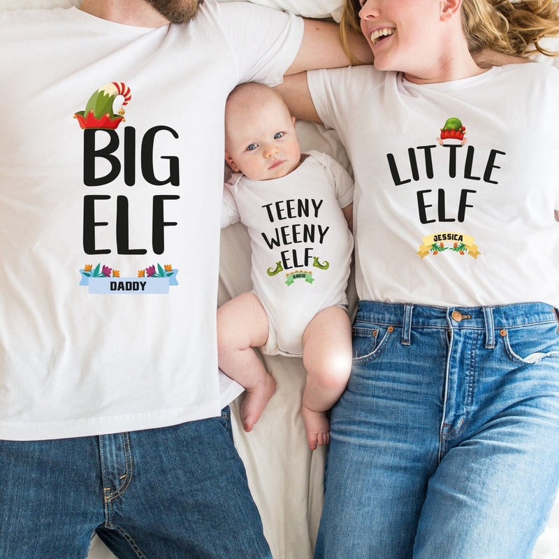 Matching Elf Family T-shirts personalised with Name