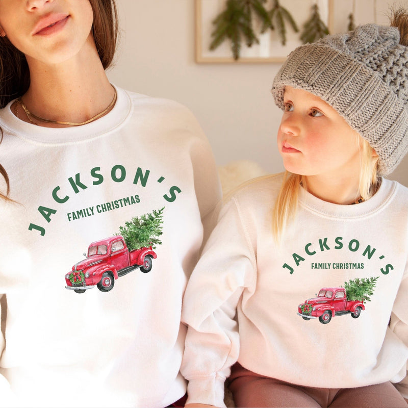 Matching Family Sweatshirt Personalised with Vintage Red Truck