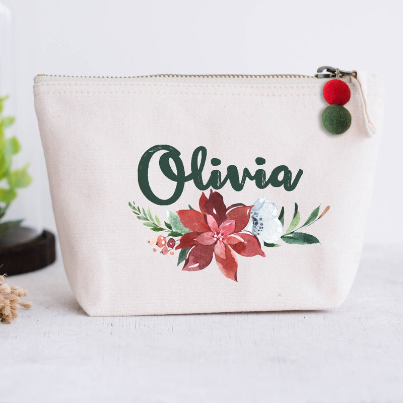 Personalised Christmas Cotton Makeup Bag with Pompom