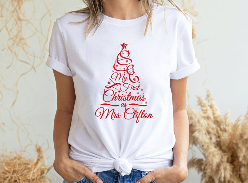 Personalised My First Christmas as Mrs t-shirt - Pink Positive