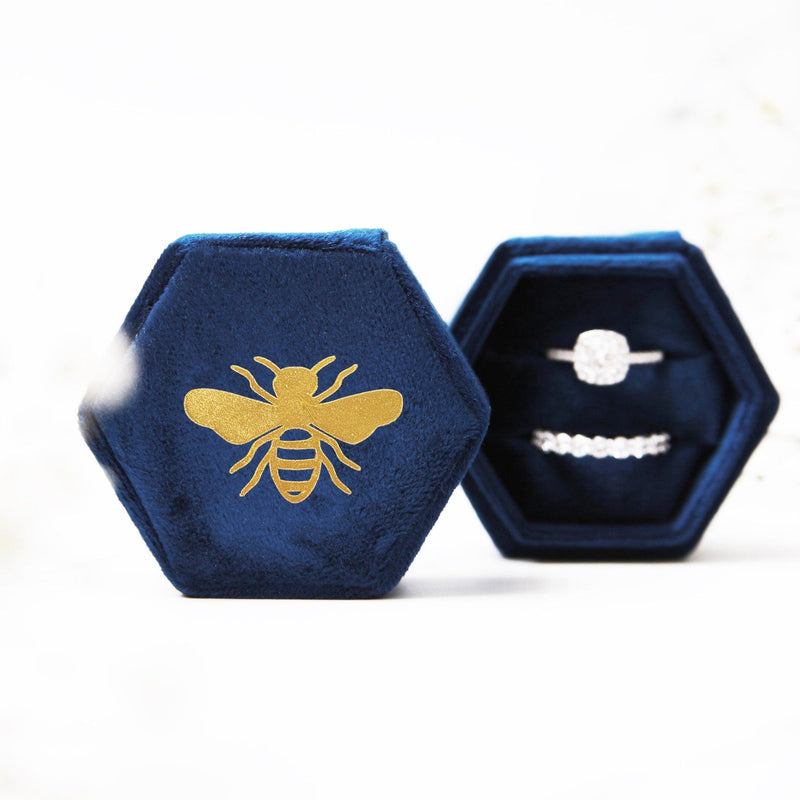Small Velvet Ring Box with Bee Print Double Slot for Two Rings - Pink Positive
